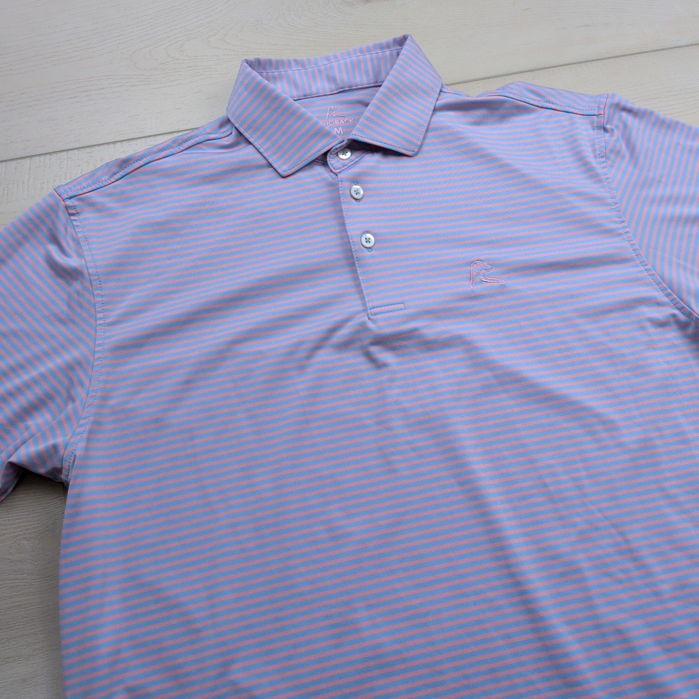 Rhoback The Birdie Stripe Performance Polo Shirt Mens M Golf Flamingo Pink Blue